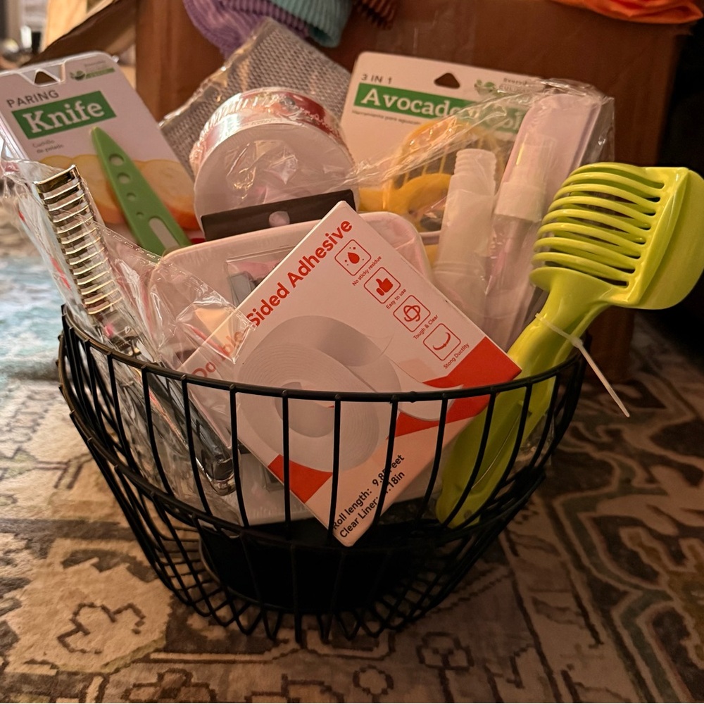 Black Wire Baskets with Assorted Kitchen and home Tools